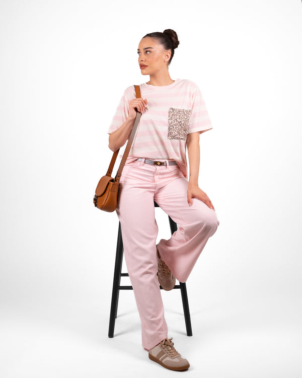 Dixie T Shirt Righe C/Taschino Micropaillettes - ROSA
