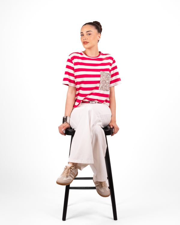 Dixie T Shirt Righe C/Taschino Micropaillettes - FUCSIA